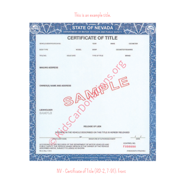 This is an Example of Nevada Certificate of Title (RD-2, 7-91) Front View | Kids Car Donations